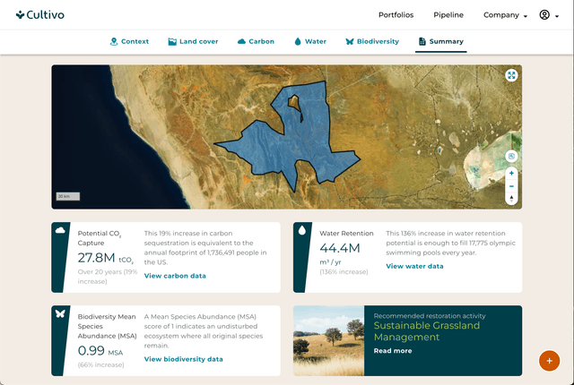 An assessment page showing a map and summary natural capital potential.